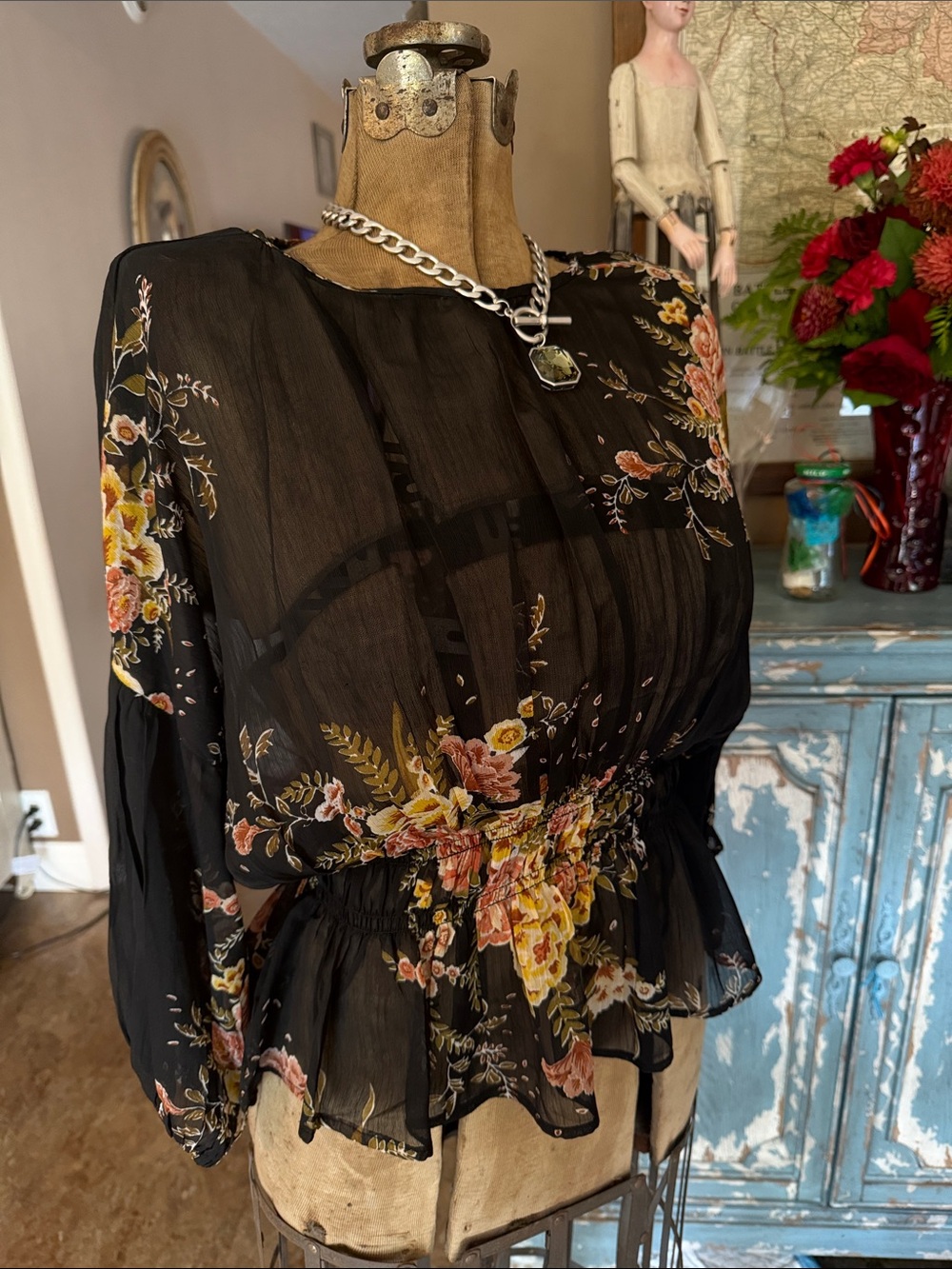Black Floral Peplum Blouse with Smocked Waist